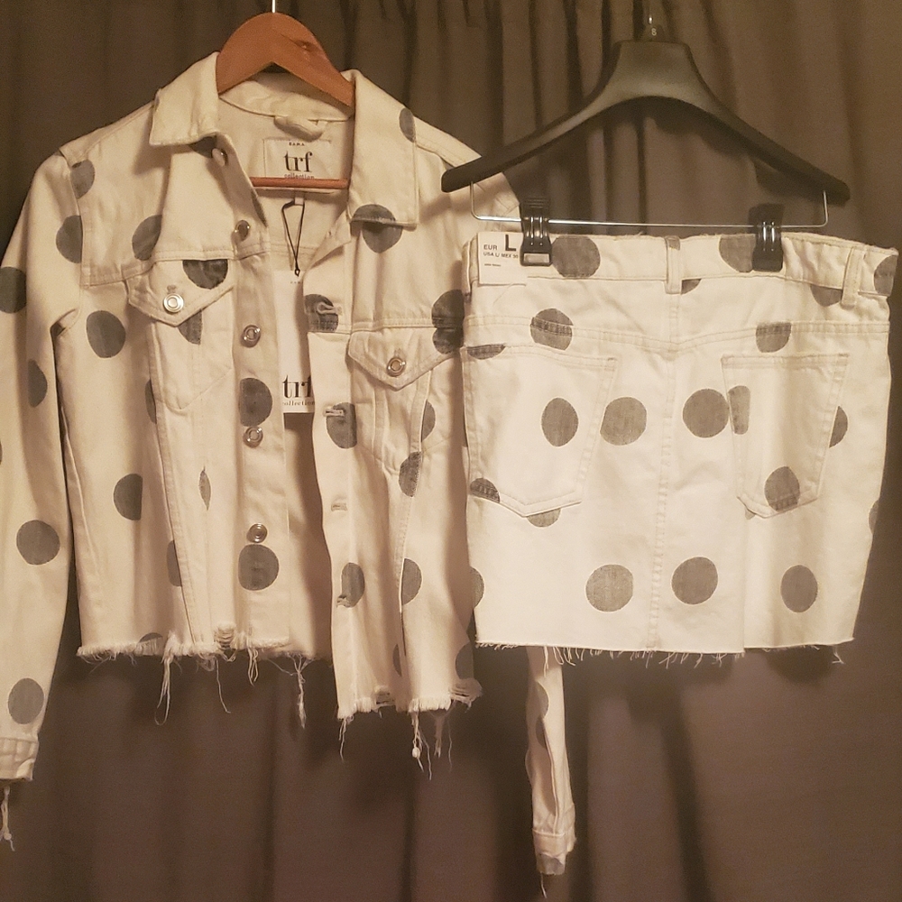 Zara two piece white and grey dot denim skirt set